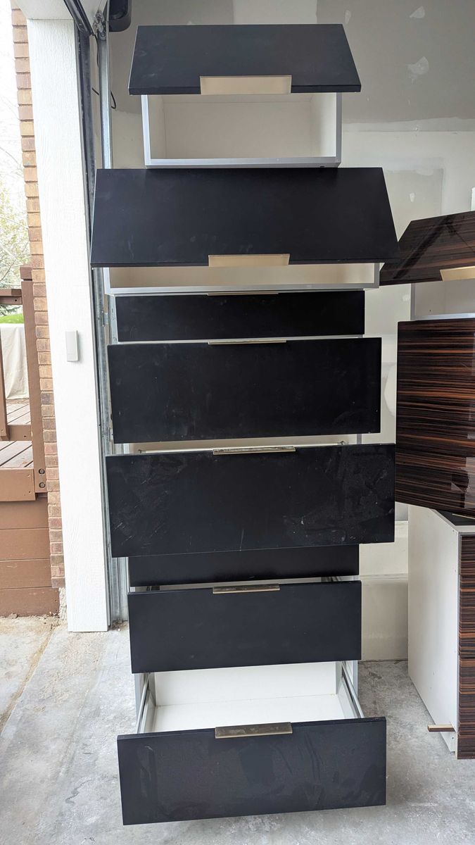Modern Dark Charcoal/Black Kitchen Cabinets — 12 Pieces w/ Brass Hardware, 1 Year Old