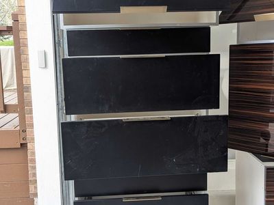 Modern Dark Charcoal/Black Kitchen Cabinets — 12 Pieces w/ Brass Hardware, 1 Year Old