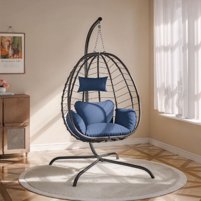 Patio/Hammock Hanging Egg Chair Wicker w/Cushion – Navy Blue