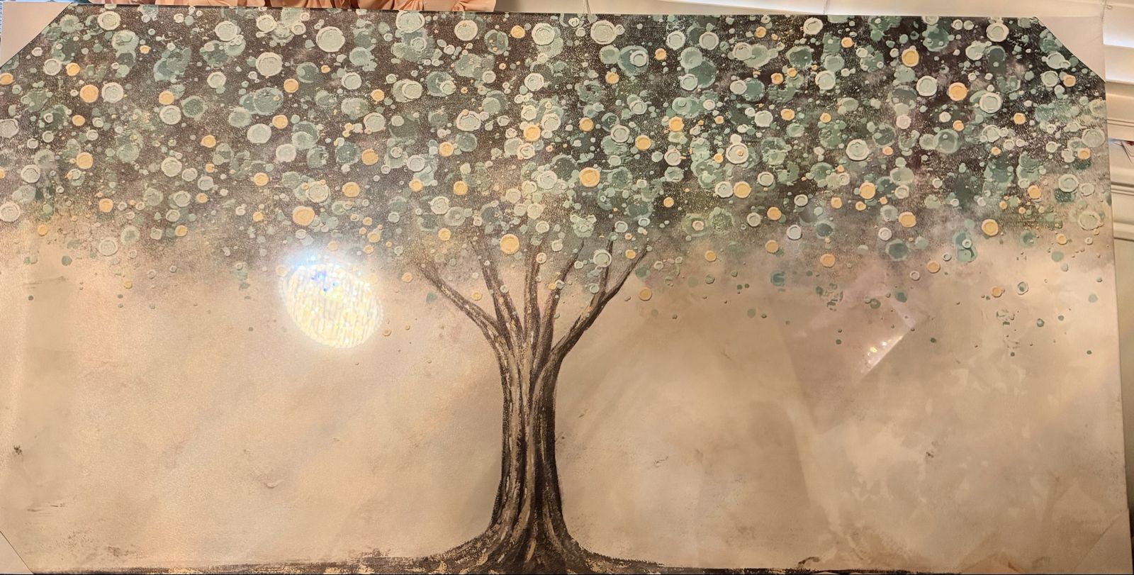 New. 24x48 Large Canvas Tree of Life Wall Art Textured Metallic Gold Green Cream Abstract Painting