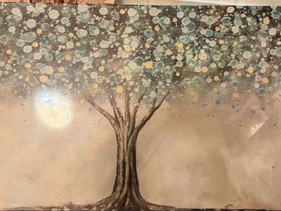 New. 24x48 Large Canvas Tree of Life Wall Art Textured Metallic Gold Green Cream Abstract Painting