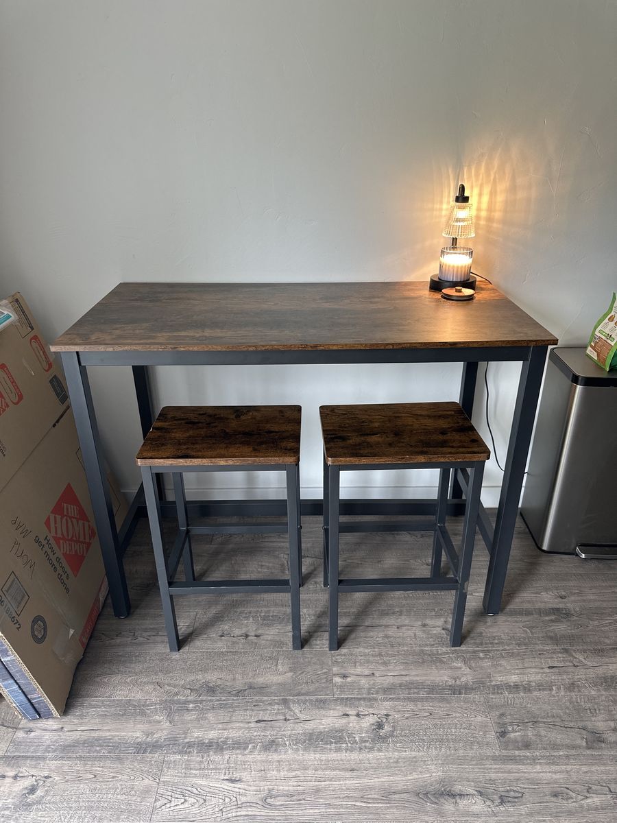 Industrial Wood & Metal Bar Table Set with 2 Stools - Rustic Brown & Black