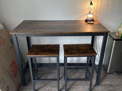 Industrial Wood & Metal Bar Table Set with 2 Stools - Rustic Brown & Black