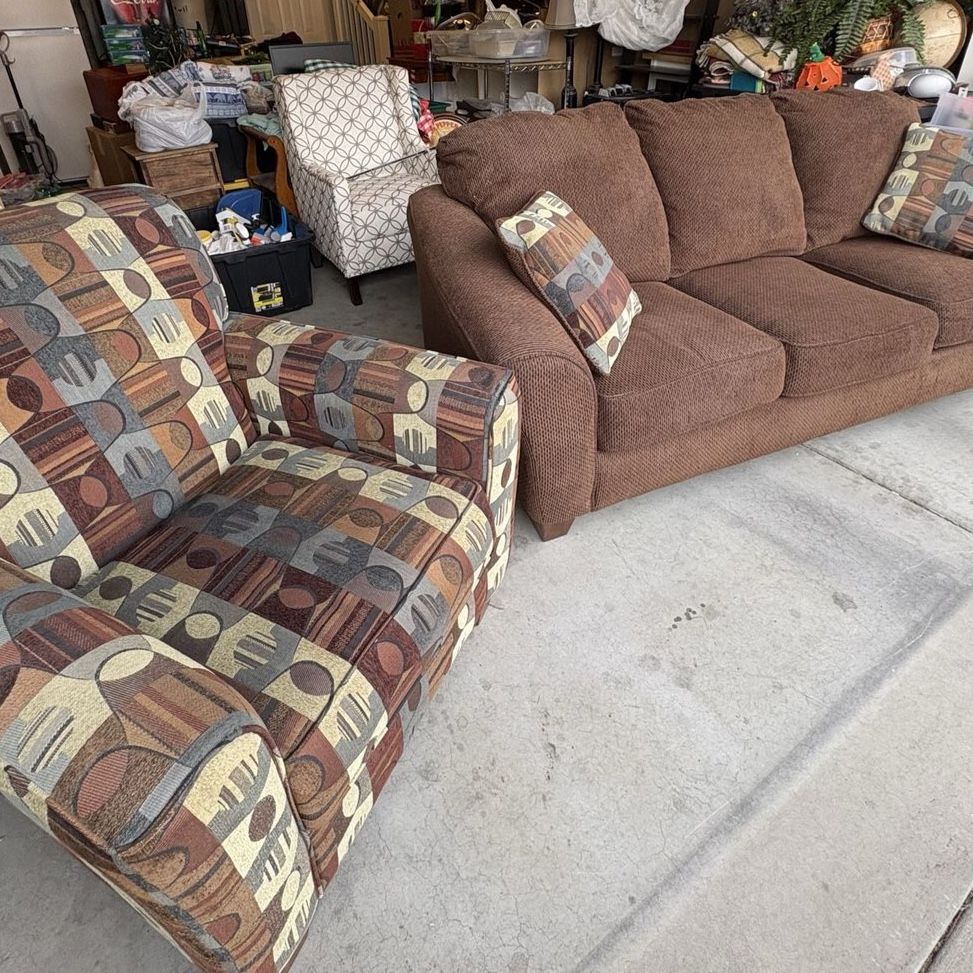 Cozy Brown Sofa & Geometric Pattern Armchair Set - Living Room Furniture