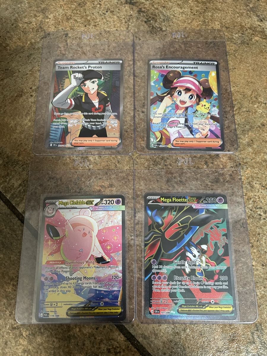 Pokémon TCG Cards: Team Rocket's Proton, Rosa's Encouragement, M Clefable EX, M Floette EX - Full Art Trainer & EX Cards