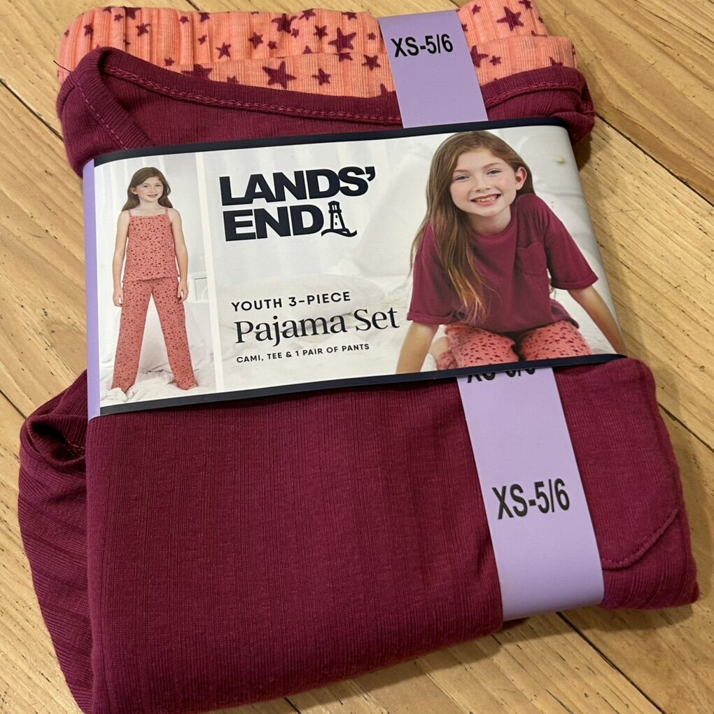 NWT Lands End 3 Piece Pink Star Girls Pajama Set