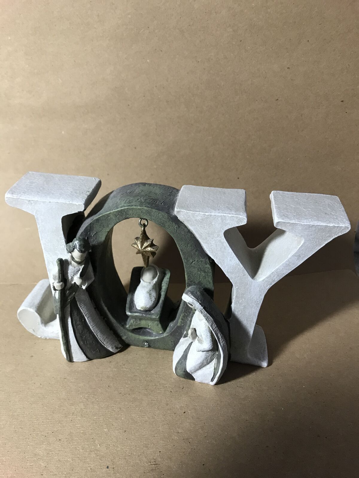 One Piece Nativity Scene JOY with The O Holding The Holy Family Grey Tones