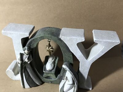 One Piece Nativity Scene JOY with The O Holding The Holy Family Grey Tones