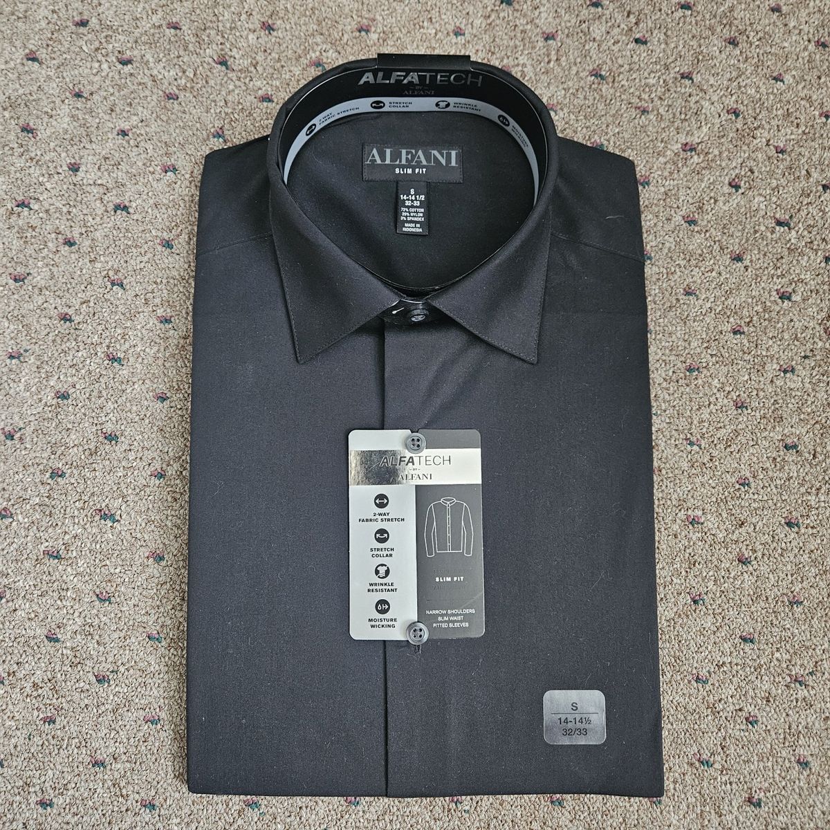 Alfani ALFAtech Slim Fit Men's Dress Shirt, Black, Size S (14-14½ Neck, 32/33 Sleeve)