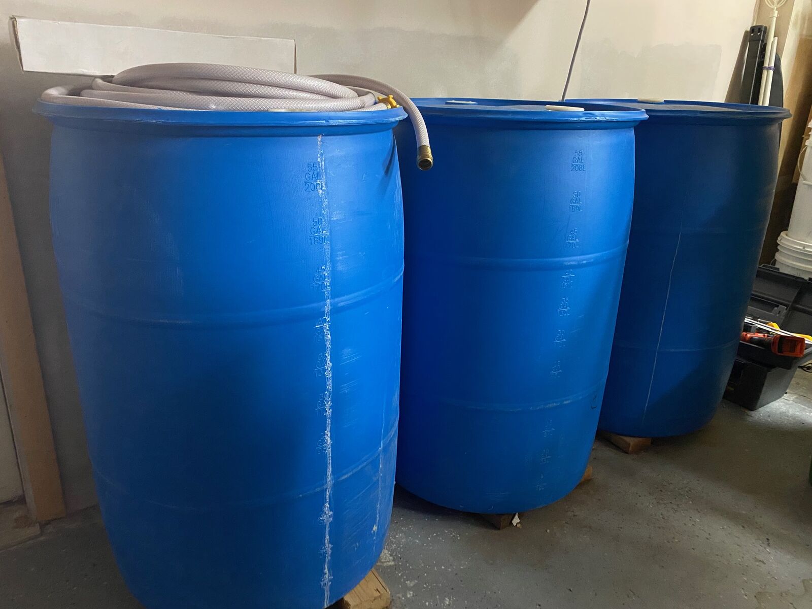 3 55-gallon Water Storage Drums with Accessories