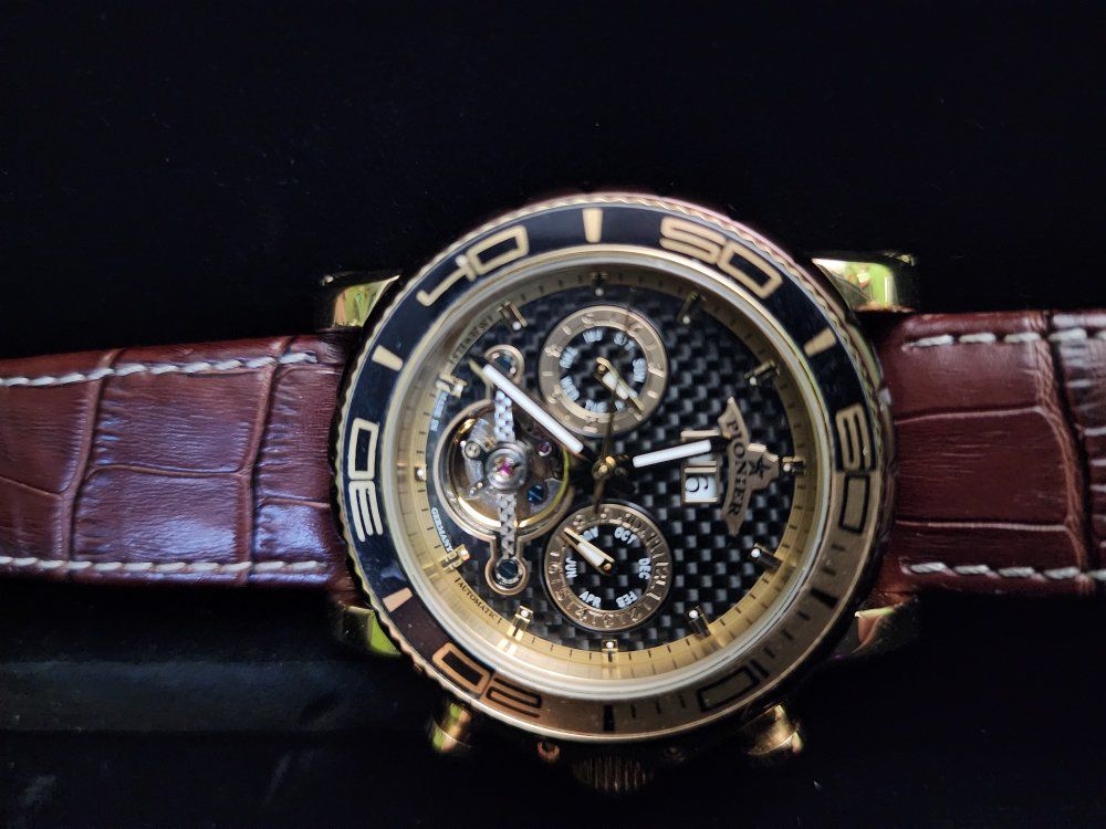 PIONIER GM-506 Gold Mechanical Watch with Brown Croc-Embossed Leather Strap, Made in Germany