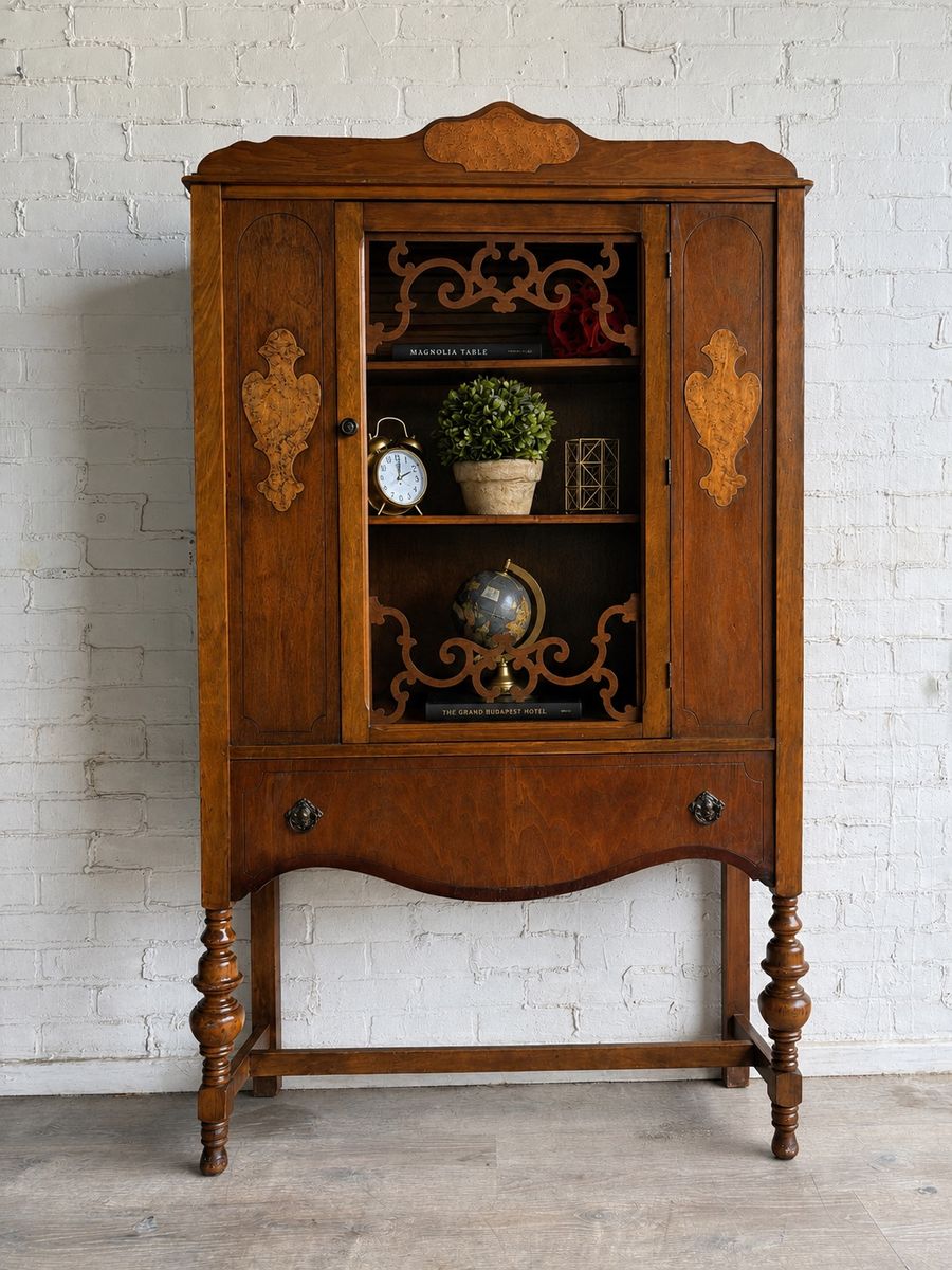 Vintage Wooden Curio Cabinet Display Case with Glass Door and Decorative Legs