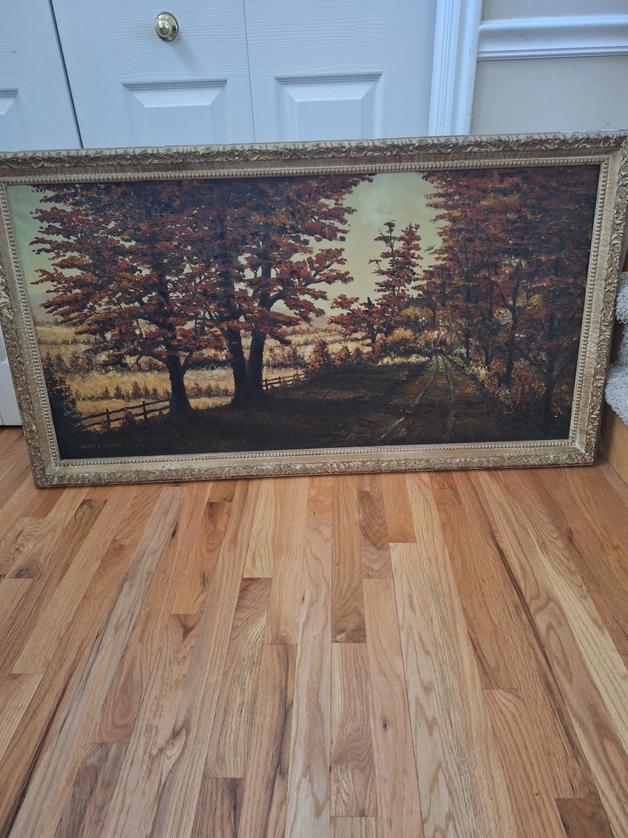Vintage autumnal landscape oil painting, featuring a dirt path. 52" wide x 28.5" tall.