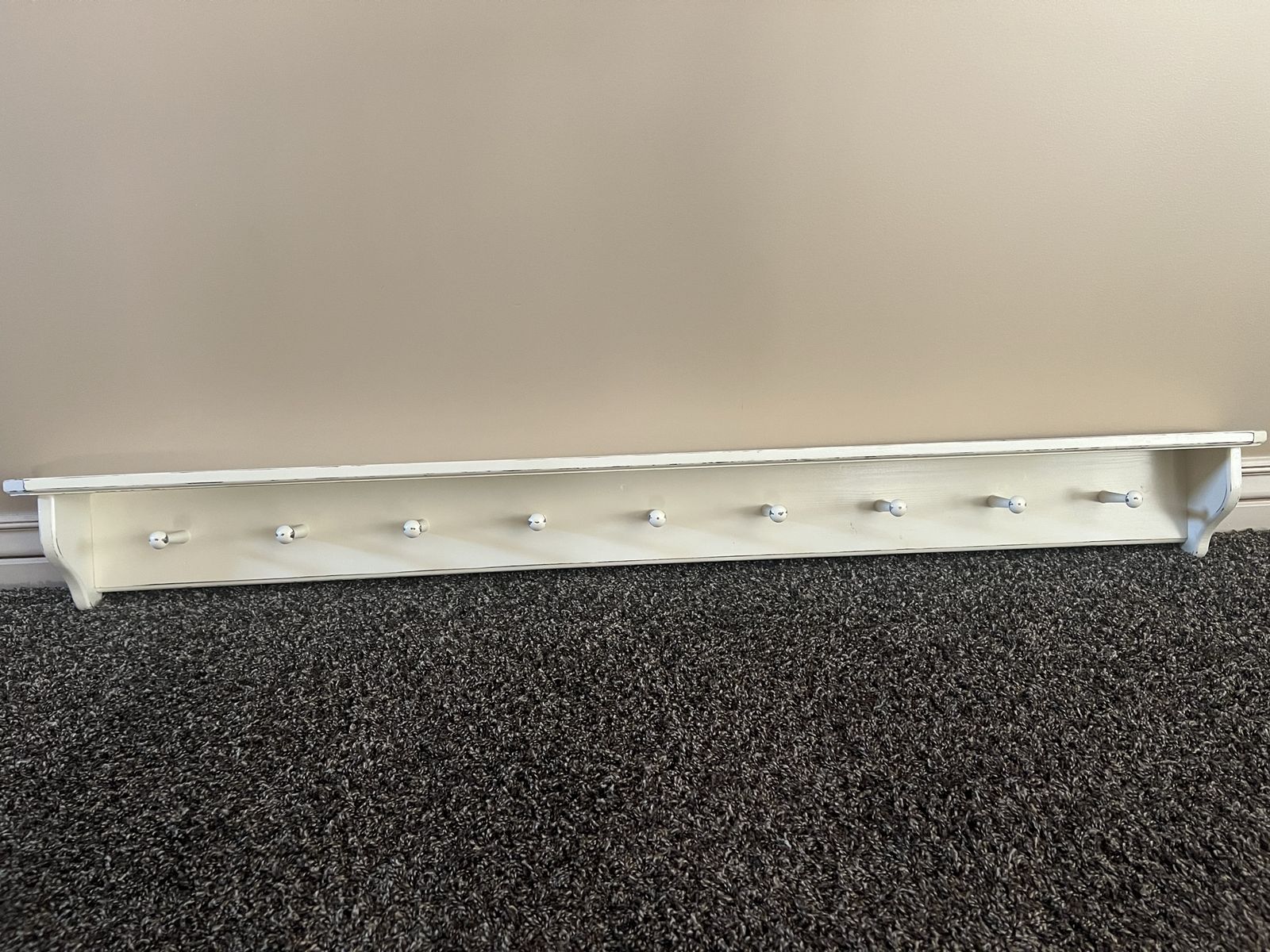 Vintage White Wooden Wall-Mounted Coat Rack Shelf with Pegs