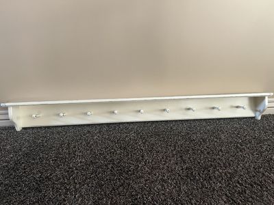Vintage White Wooden Wall-Mounted Coat Rack Shelf with Pegs