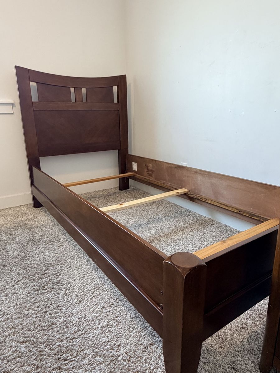 Wooden Twin Bed Frame and Matching 5-Drawer Tall Dresser (Separate or Set)
