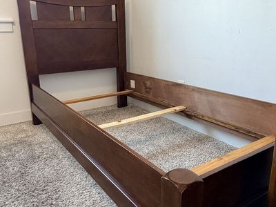 Wooden Twin Bed Frame and Matching 5-Drawer Tall Dresser (Separate or Set)