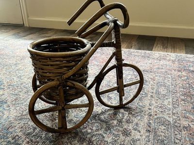 Vintage Rattan Bamboo Tricycle Planter