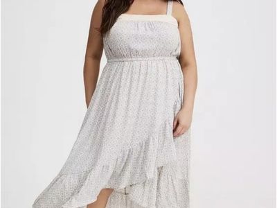 Torrid Surplice Ruffle Maxi Dress, Lils Motif White Blue, Plus Size 5, High-Low Hem