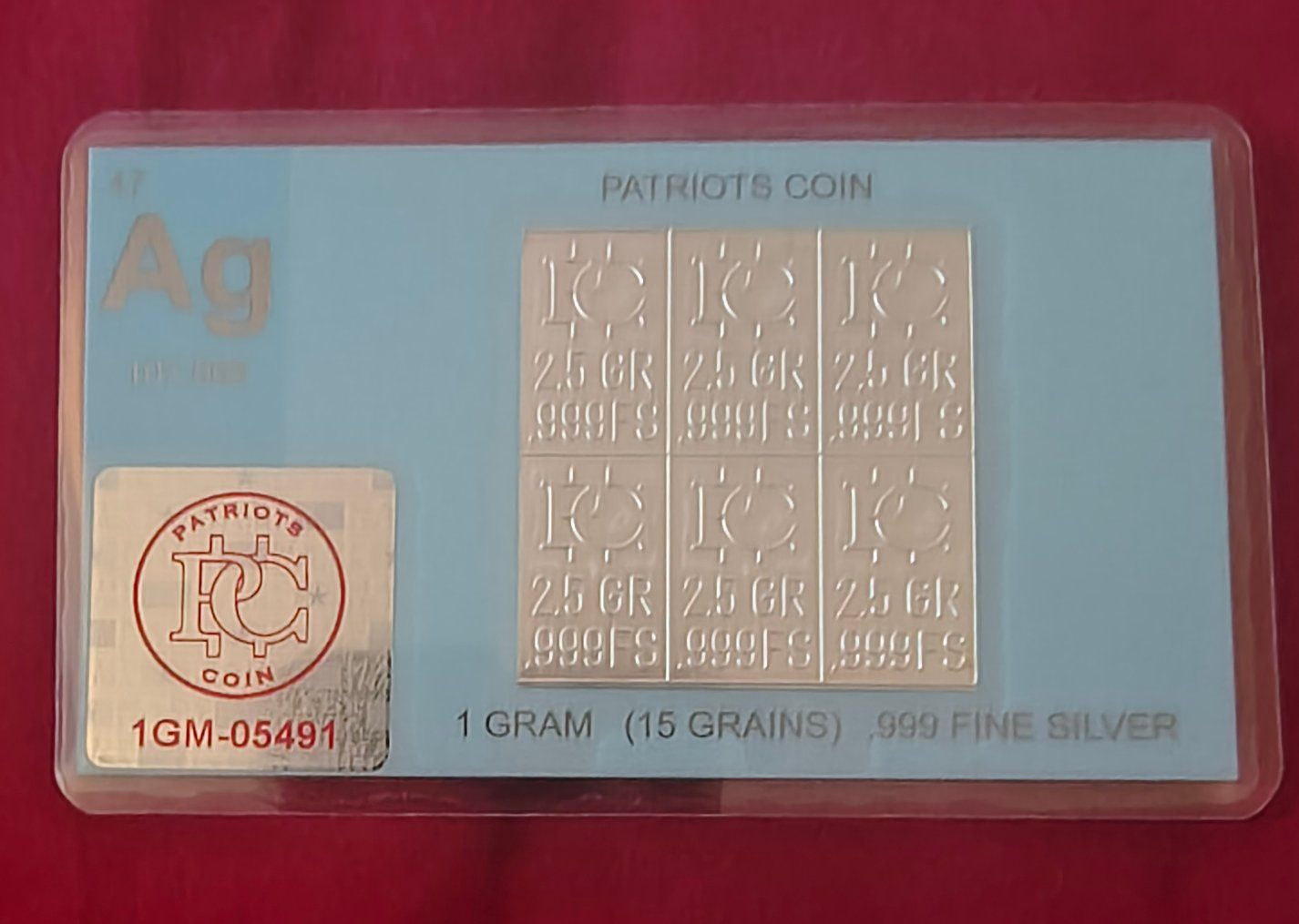 Patriots Coin .999 Fine Silver Bar Card 1 Gram 15 Grains