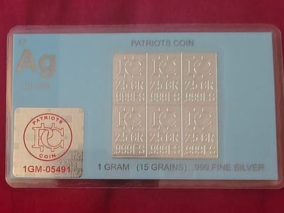 Patriots Coin .999 Fine Silver Bar Card 1 Gram 15 Grains