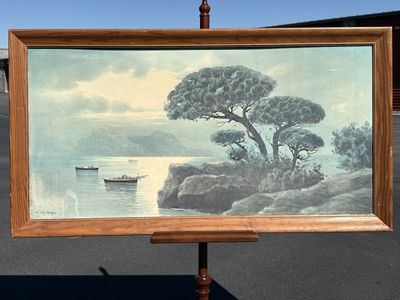 Large framed mid century oil painting print. Perfect for Star Wars, Star Trek, robot updates &more! Over 4’ wide Vintage