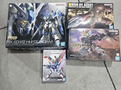 Bandai Gundam Model Kit Lot: RG Hi-V, HG Acguy, MGSD Barbatos, SD Destiny