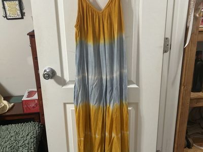 Tie-Dye Maxi Dress V-Neck Adjustable Straps Yellow Blue Ombre Smocked Back