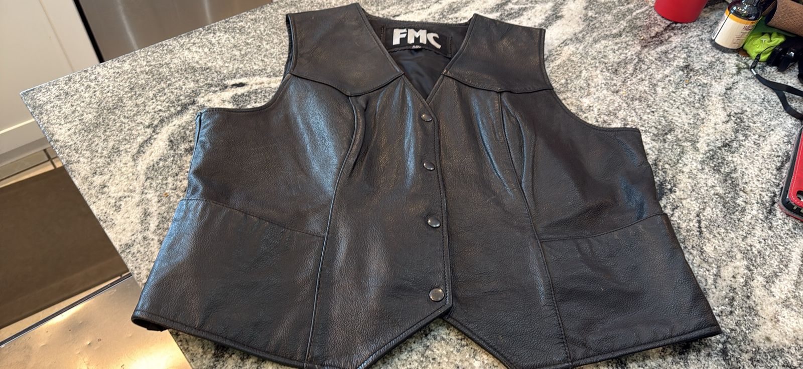 FMC Black Genuine Leather Vest, Size XXL, Snap Closure, Western Style
