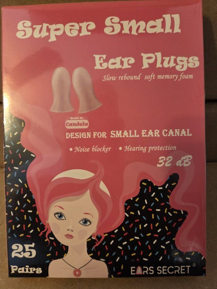 EARS SECRET Super Small Ear Plugs - 25 Pairs, 32 dB Noise Reduction, Soft Memory Foam, Shape: Candela