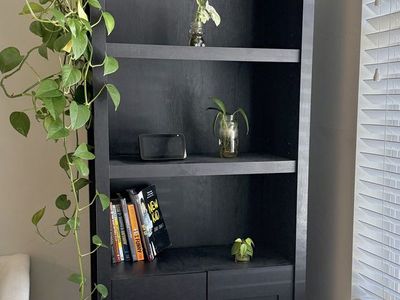 Tall Black Shelf With Cabinets