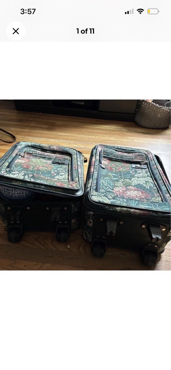 Set Of 2 Vintage Atlantic Suitcase Tapestry Green Floral Wheeled Rolling Luggage