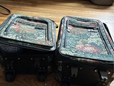 Set Of 2 Vintage Atlantic Suitcase Tapestry Green Floral Wheeled Rolling Luggage