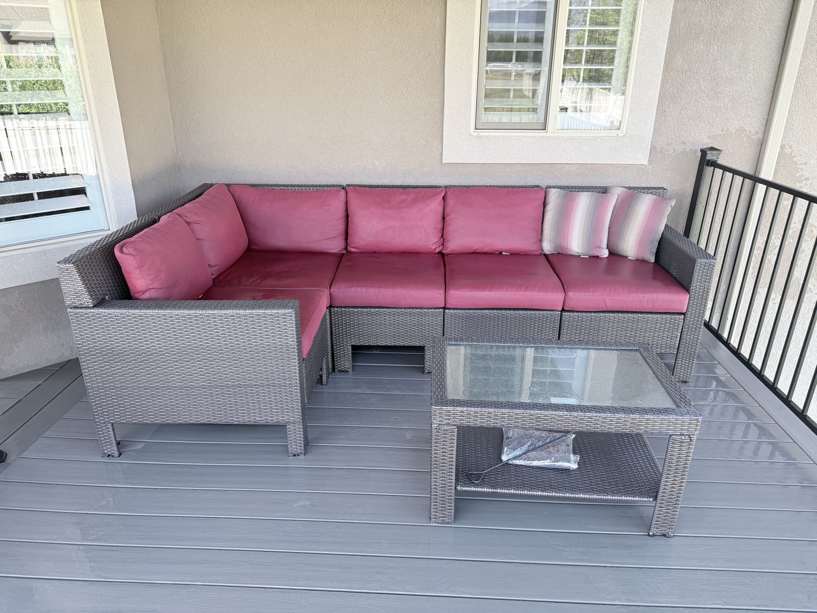 Brown Wicker Sectional Patio Furniture Set with Red Cushions & Glass Top Table