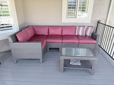 Brown Wicker Sectional Patio Furniture Set with Red Cushions & Glass Top Table