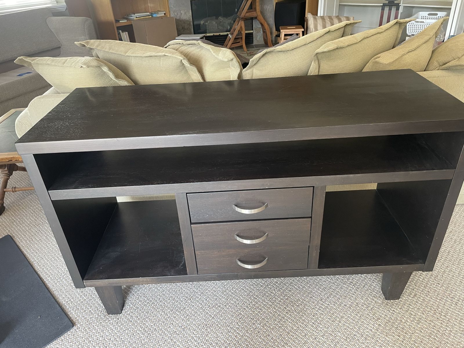 Dark Wood Media Console TV Stand with 3 Drawers and Open Shelving, Entertainment Center