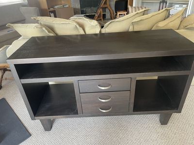 Dark Wood Media Console TV Stand with 3 Drawers and Open Shelving, Entertainment Center