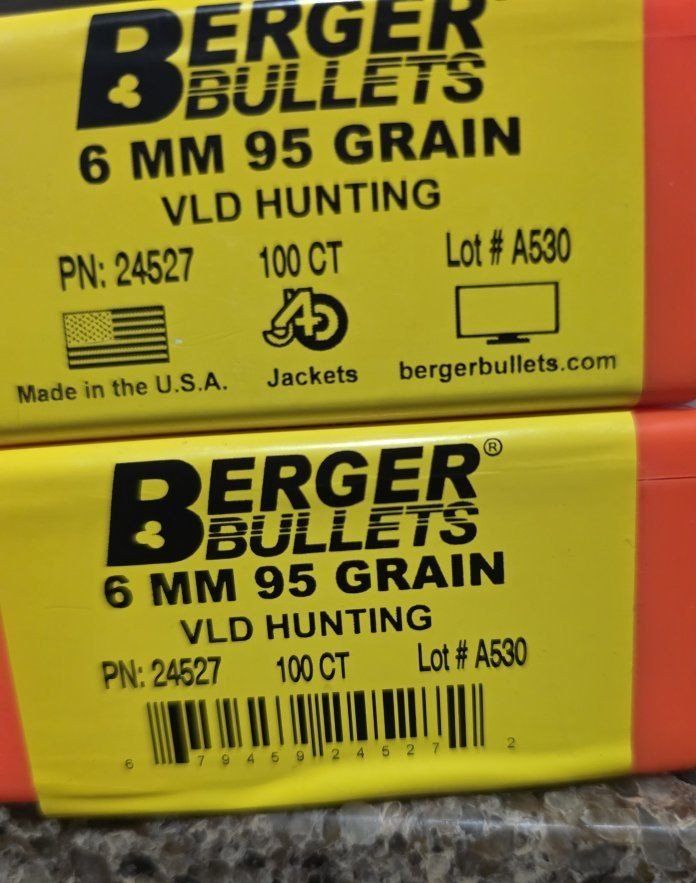 Berger Bullets 6mm 95 Grain VLD Hunting Bullets PN 24527 Lot A530 (2 Boxes)