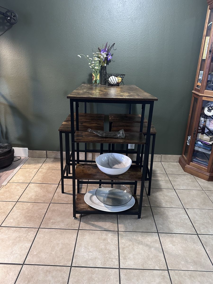 Industrial Style Counter Height Dining Table with 4 Stools & Storage Shelves - Rustic Brown