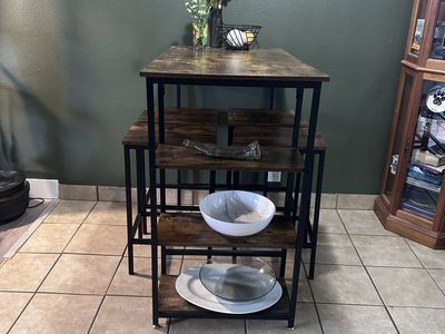 Industrial Style Counter Height Dining Table with 4 Stools & Storage Shelves - Rustic Brown