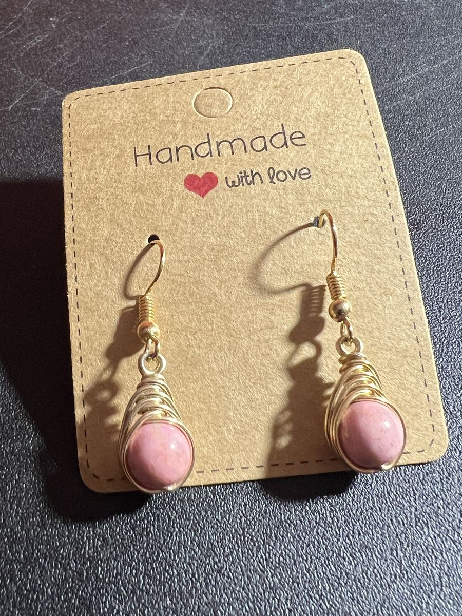 Handmade Pink Stone Wire-Wrapped Dangle Earrings - Gold Tone Fish Hook