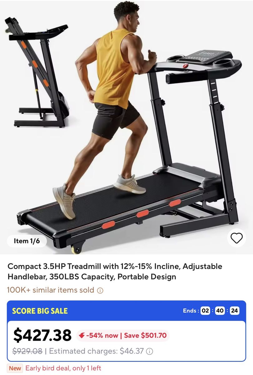 Compact 3.5HP Folding Treadmill with Adjustable Handlebar, 12-15% Incline, 350lbs Capacity