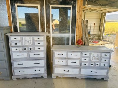 Shabby Chic Grey & White Distressed Dresser & Chest Set - Floral Detail, Black Handles