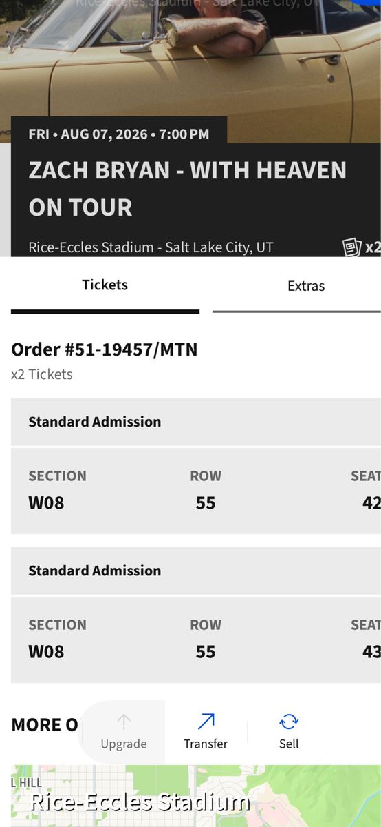 Zach Bryan: With Heaven On Tour - 2 Tickets, Rice-Eccles Stadium, Aug 7, 2026, Section W08, Row 55