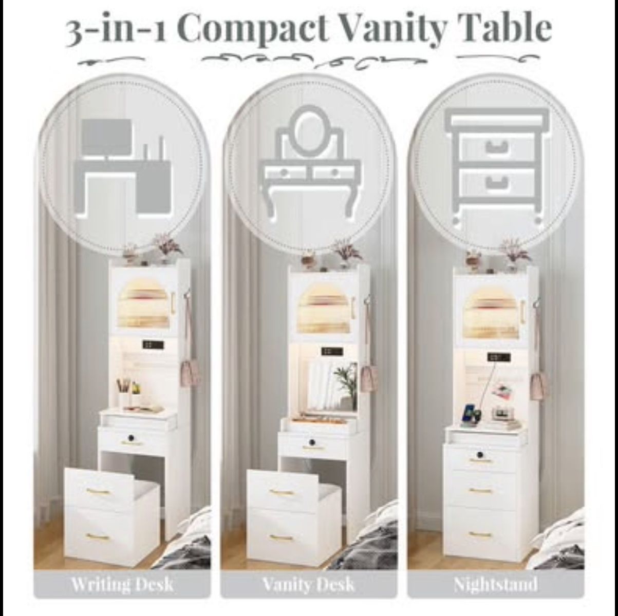 NEW Tall Vanity Desk: Mirror and Lights, 3 in 1 Makeup Vanity Set with Flip-up Mirror, Lock & Chair