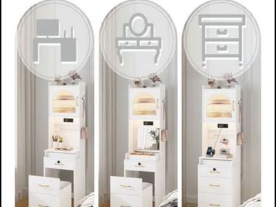 NEW Tall Vanity Desk: Mirror and Lights, 3 in 1 Makeup Vanity Set with Flip-up Mirror, Lock & Chair