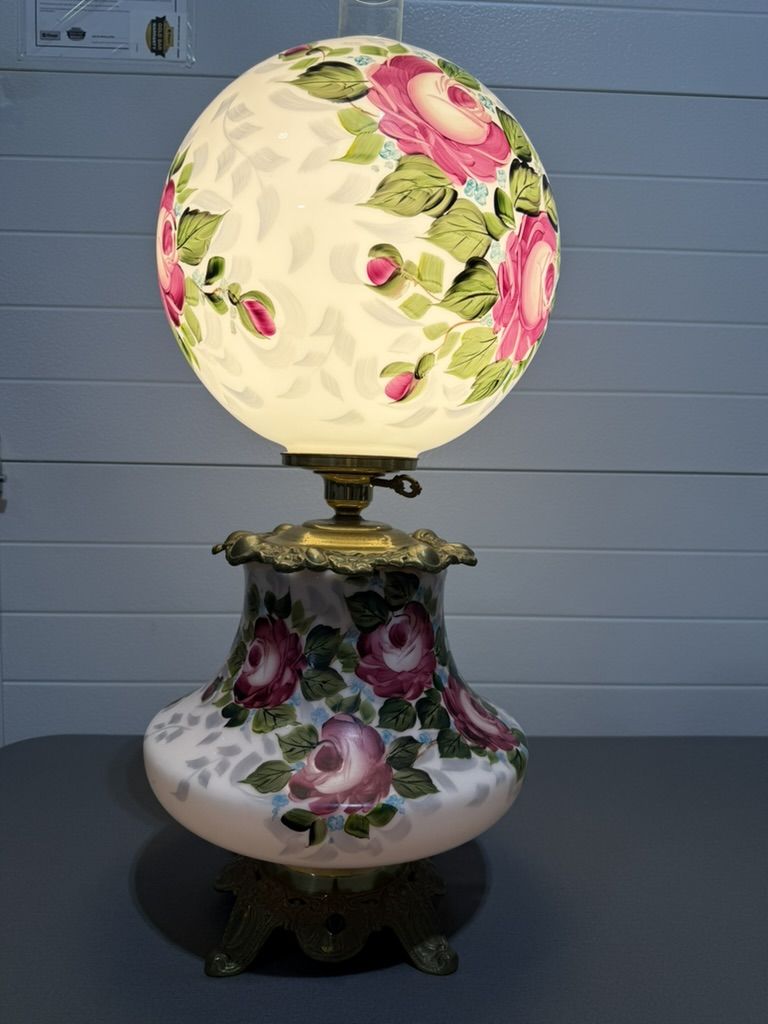 Vintage 1950s "Gone With the Wind" Painted Floral Two-tier Globe Parlor Lamp