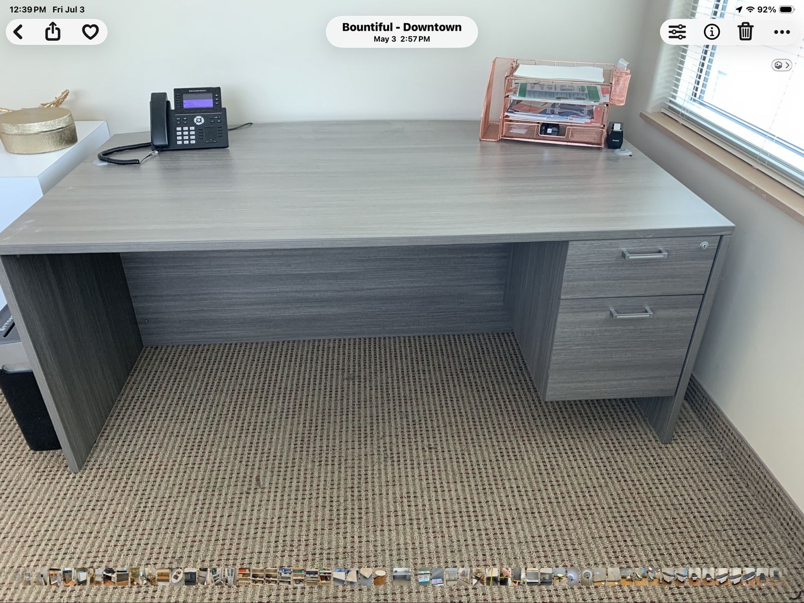 Gray Wood Curved Office Desk with Filing Cabinet and Supply Drawer