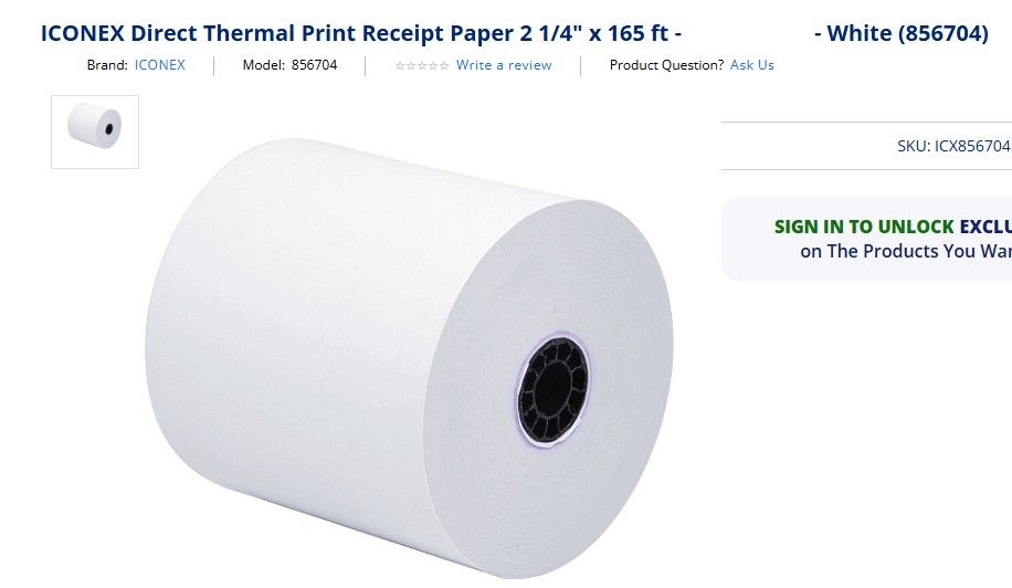 ICONEX Direct Thermal Print Receipt Paper 2 1/4" x 165 ft - 27 Rolls
