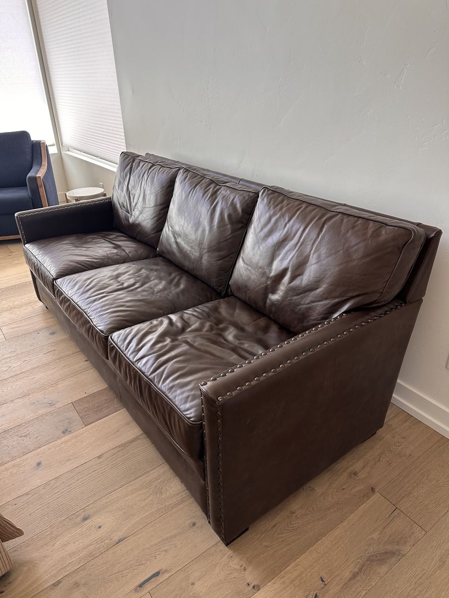 Luxurious Brown Leather Sofa with Nailhead Trim - 3 Seater Couch